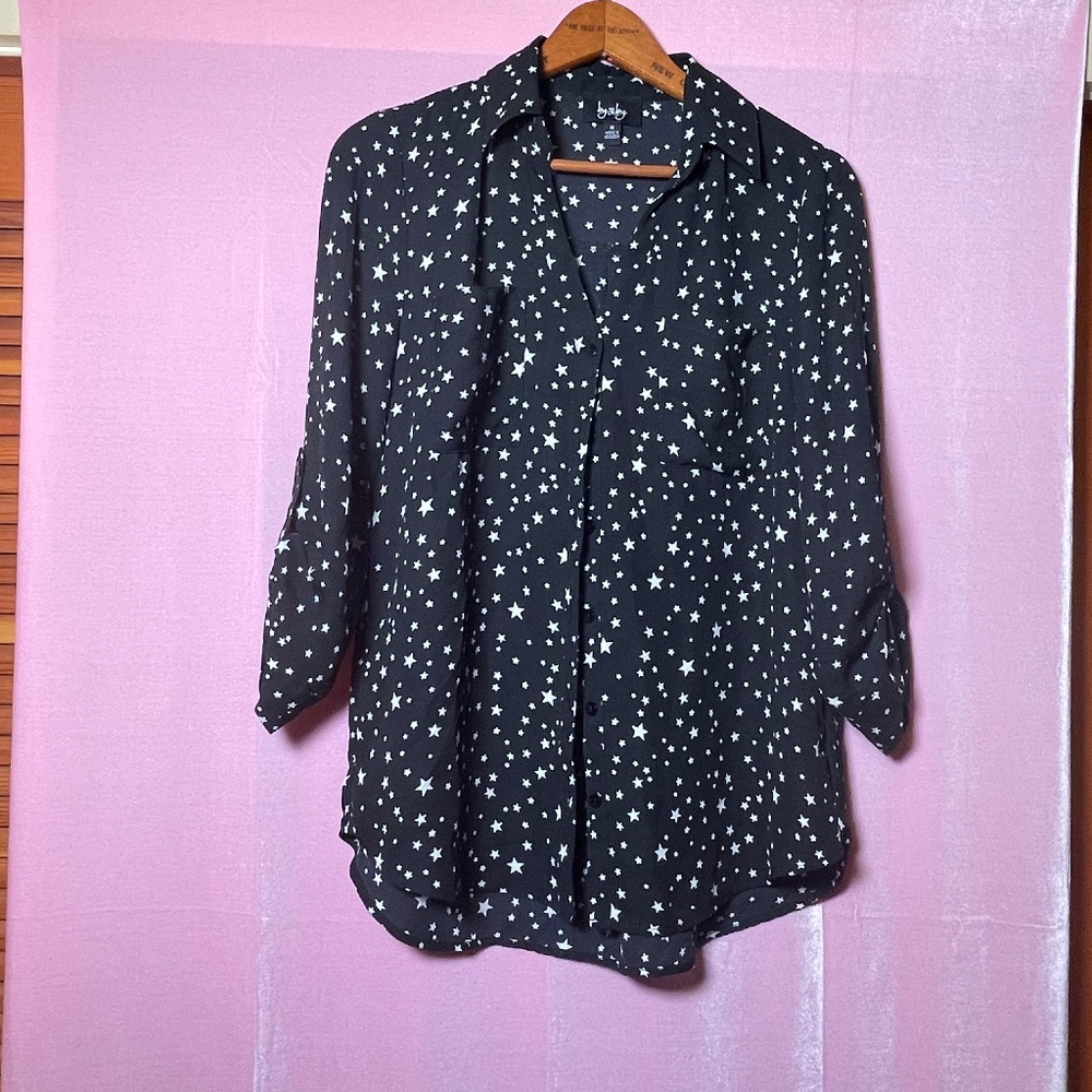 STARRY black 3/4 sleeve blouse with white stars; tie neck
